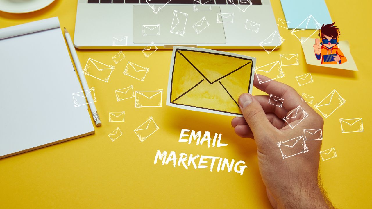 Email marketing concept showing increasing open rates with a graph and engaging email content.