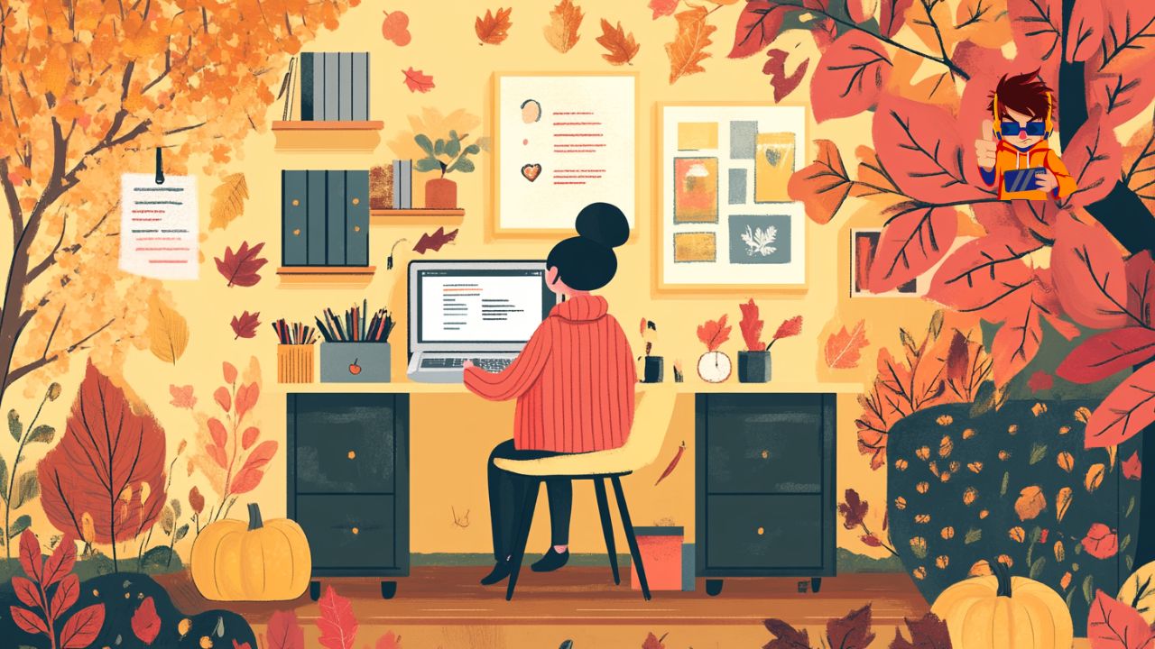Illustration of a marketer working on fall-themed digital marketing campaigns, surrounded by autumn elements like leaves, pumpkins, and cozy warm colors.