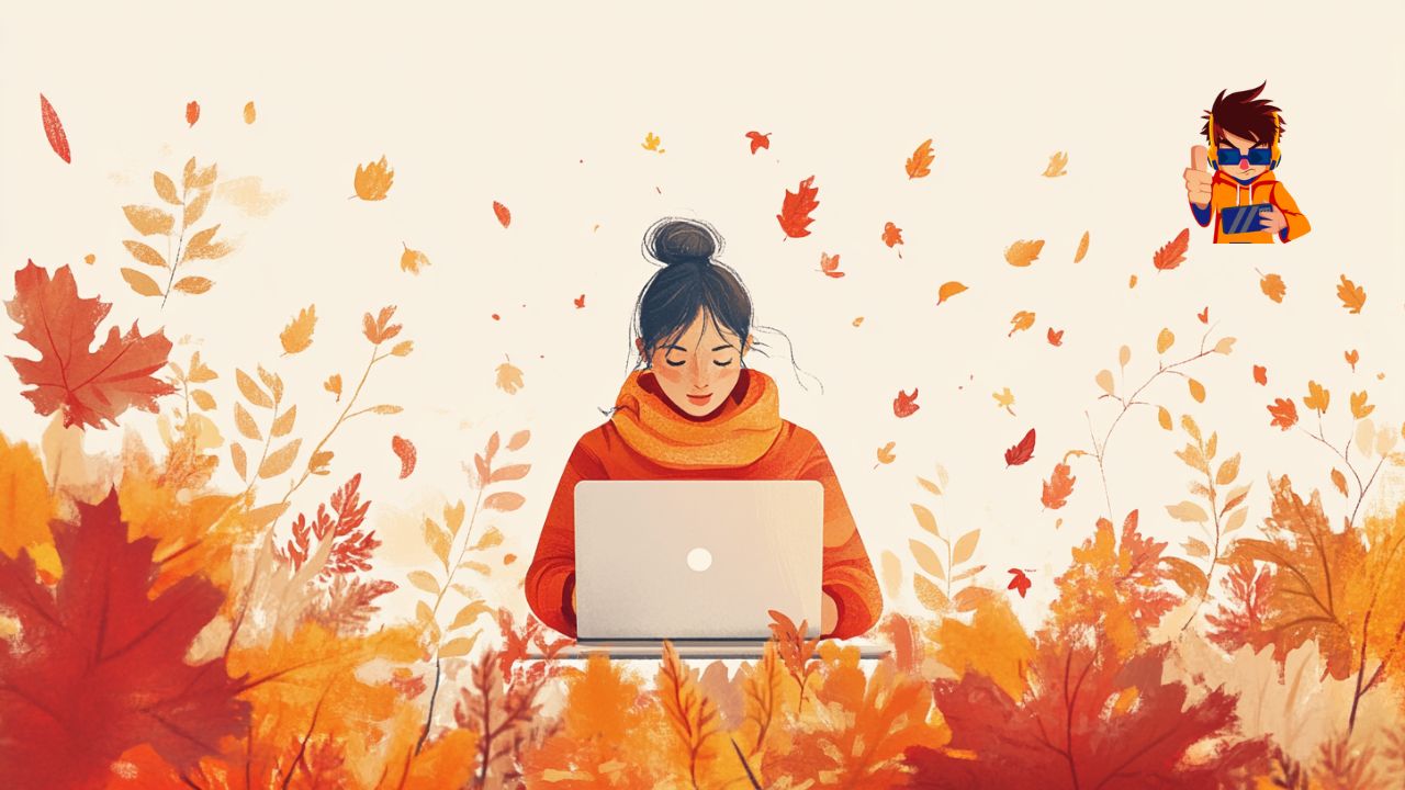 Illustration of a marketer adjusting a digital strategy on a laptop, with fall leaves and seasonal elements around to represent the autumn refresh.