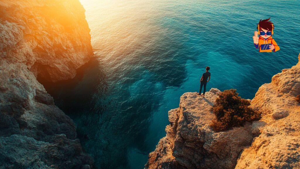 A person standing on the edge of a rocky cliff overlooking a serene blue ocean, bathed in warm sunlight, symbolizing courage, risk-taking, and exploration.