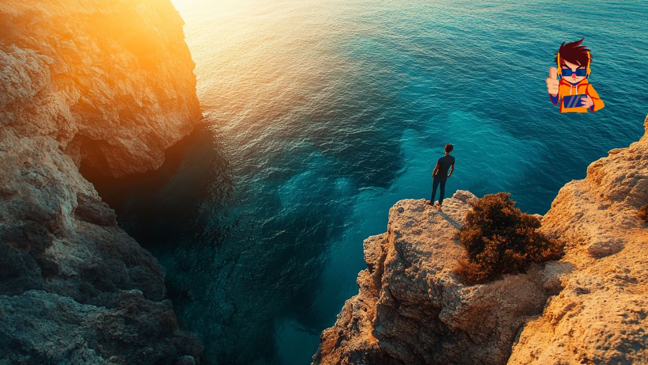 A person standing on the edge of a rocky cliff overlooking a serene blue ocean, bathed in warm sunlight, symbolizing courage, risk-taking, and exploration.
