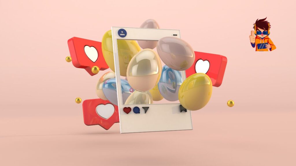 A playful 3D composition featuring a social media post frame surrounded by heart icons, chat bubbles, and colorful Easter egg shapes, symbolizing hidden surprises in the digital world.