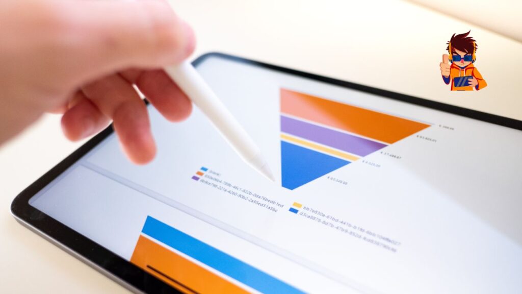 Close-up of a digital tablet displaying a colorful funnel chart, with a hand holding a stylus pointing at the screen.